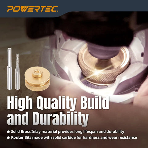 Heavy Duty Brass Inlay Kit With Carbide Spiral Router Bit And Butterfly Template For Precision Woodworking Bowtie Decorative Joinery, showing brass inlay and router bits.