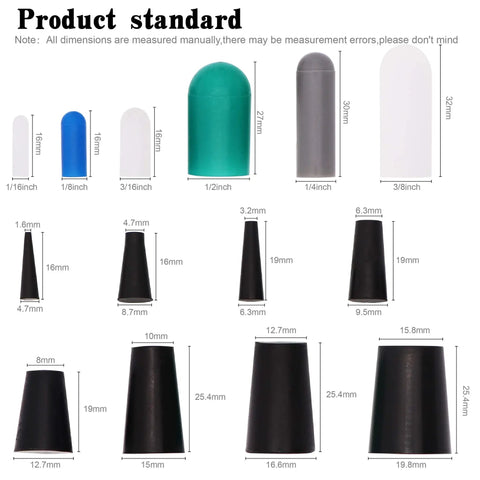 170 Piece High Temp Silicone Cap And Plug Set Masking System Kit sizes and dimensions displayed.