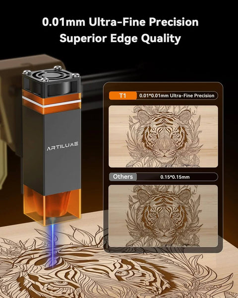 Artilume T1 foldable laser engraver—front view, dark gray body with orange accents and blue laser engraving a tiger on wood.