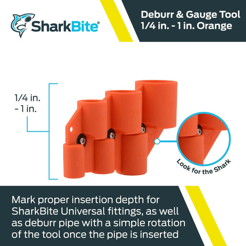 Depth Gauge And Pipe Deburring Tool For Copper PEX CPVC PE RT HDPE Pipes No Fuss Deburring, Marks Insertion Depth And Keeps Fittings Clean, 1/4 To 1 Inch Insertion Depth U702A Compatible in orange displayed.