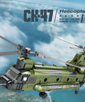 Chinook Helicopter Model Kit With 1451 Pieces Building Block Set in flight over clouds, showcasing detailed rotor and cockpit design.