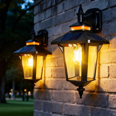 Outdoor Solar Wall Lights Dusk To Dawn With Motion Sensor, Four Solar Panels, Mounted on Brick, Illuminating a Path