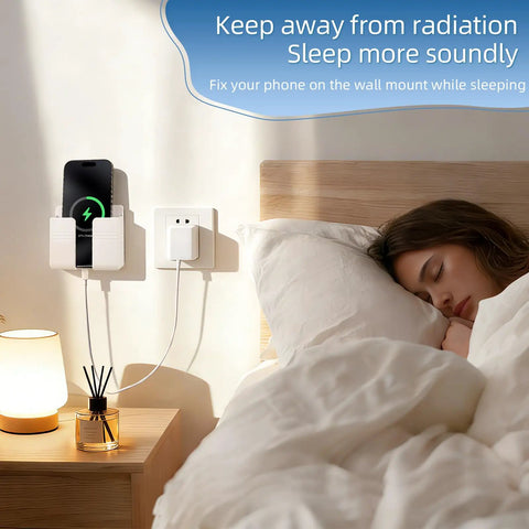 Wall Phone Holder For Camper RV Boat Two Pack White Heavy Duty Adhesive Mount with phone charging near sleeping woman.
