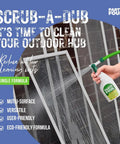 Spraying party foul cleaner on outdoor glass; Plant Based Outdoor Cleaner Spray For Decks And Patios That Tackles BBQ Spills And Grime