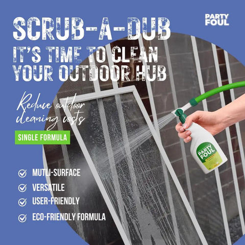 Spraying party foul cleaner on outdoor glass; Plant Based Outdoor Cleaner Spray For Decks And Patios That Tackles BBQ Spills And Grime