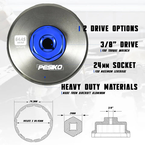 64mm Oil Filter Wrench Kit with 24mm socket and 3/8" drive options, heavy-duty aircraft aluminum for Toyota Lexus Scion engines