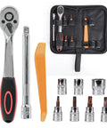 Door Removal Tool Kit For Jeep Wrangler And Gladiator Three Eighths Inch Ratchet Set With Universal Joint Ten Thirteen Nineteen Millimeter Sockets Torx Bits T25 T40 T45 T50 M4 M5 Bits And Plastic Pry Tool For Door Roof Spare Tire And Other Hardware, open case