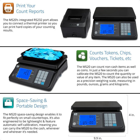 MS20 Coin Counting Scale For Cash And Currency, Fast Value And Count, Counts USD Euro CAD GBP, Handles Up To 650 Dollars