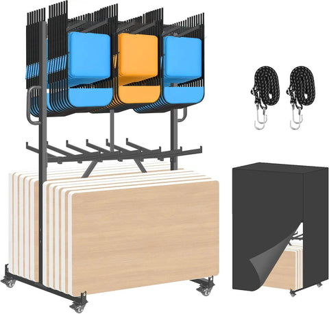Heavy Duty Folding Chair Cart With Swivel Wheels For Effortless Transport, Holds Up To 84 Chairs Or 12 Tables, Epic 1000 Lbs Capacity, Versatile Storage Dolly With Weatherproof Cover And Secure Binding Ropes For Easy Event Setup And Storage.