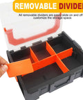 Six Compartment Small Parts Organizer With Stackable Design And Removable Dividers For Hardware, clear case open