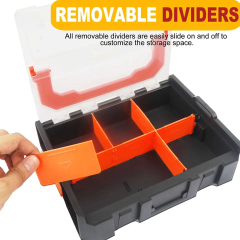 Six Compartment Small Parts Organizer With Stackable Design And Removable Dividers For Hardware, clear case open