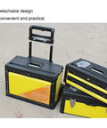 On The Go Stackable Toolbox With Rolling Wheels And Comfort Grip Handle, yellow stackable toolboxes with detachable design.