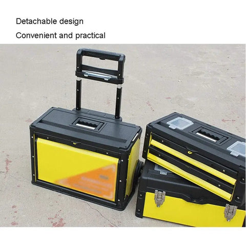 On The Go Stackable Toolbox With Rolling Wheels And Comfort Grip Handle, yellow stackable toolboxes with detachable design.