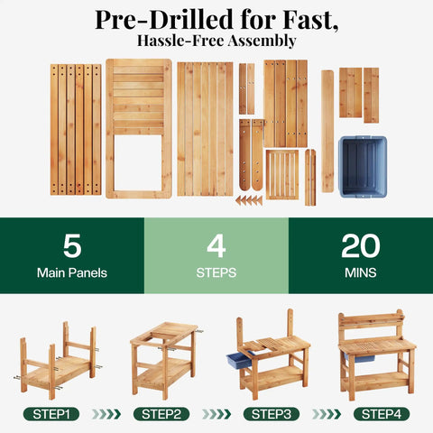 Assembly steps for Solid Fir Wood Outdoor Potting Bench With Large Tabletop Heavy Duty Garden Workstation.