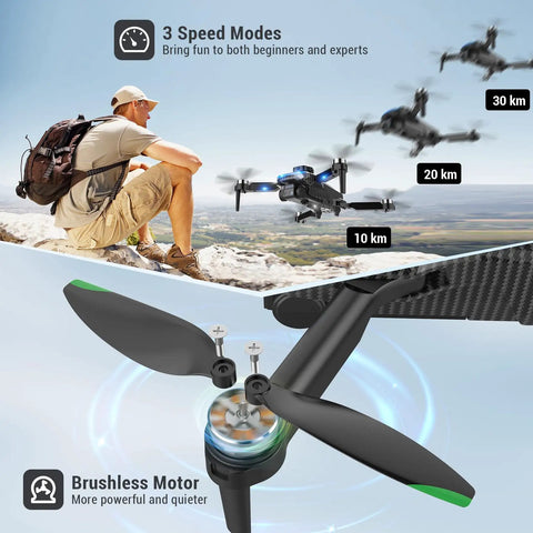 Man watching Ultra Clear 4K Camera Drone For Kids And Adults with brushless motor and speed modes in action, black model