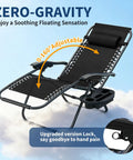 Zero Gravity Lounge Chairs Set Of 2 With Pillow And Cup Holder Tray Adjustable Folding Outdoor Camping Reclining Chairs For Deck Patio Beach Lawn Garden Black shown in reclining position with pillow and locking mechanism on clouds.