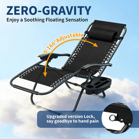 Zero Gravity Lounge Chairs Set Of 2 With Pillow And Cup Holder Tray Adjustable Folding Outdoor Camping Reclining Chairs For Deck Patio Beach Lawn Garden Black shown in reclining position with pillow and locking mechanism on clouds.