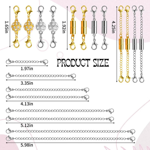 Magnetic Jewelry Clasps And Extenders Set In Gold And Silver 24 Piece Layering Clasp Kit with size chart for necklaces, bracelets.