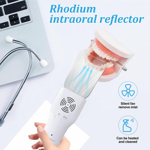 Pro Grade Dental Occlusal Photographic Mirror System With Four Rhodium Intraoral Reflective Mirrors, Anti Fog Fan, LED Lighting Handle, Plated Glass Reflectors, And Comprehensive Oral Inspection Kit, with anti-fog fan and mirror