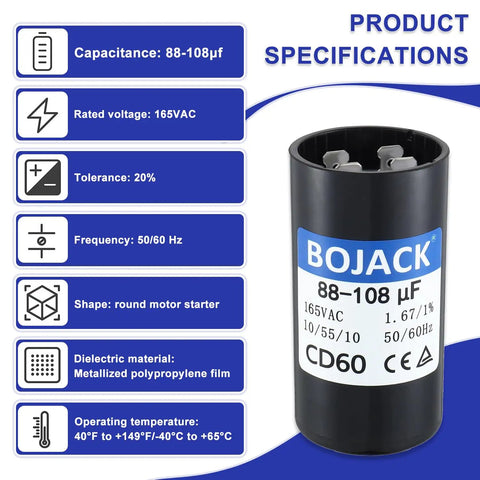 88-108uF 165VAC Round Motor Start Capacitor For 50/60 Hz AC Motors, Built Tough For Any Job, Rugged Durable Body, Crack Resistant Build, Easy Install Replacement Part For Industrial And Home Motors black cylindrical capacitor