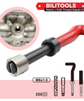 Side view of Biltools M6x1.0 thread repair kit with red handle and silver threaded end