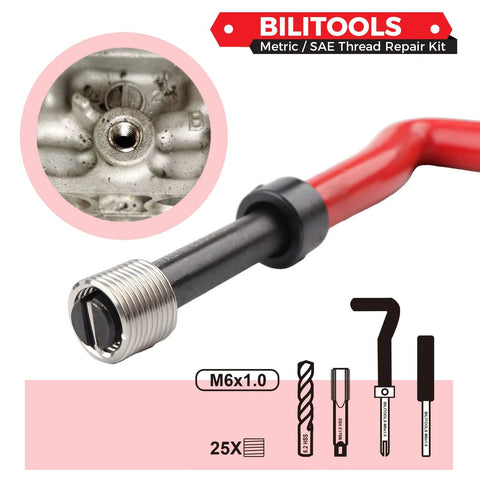 Side view of Biltools M6x1.0 thread repair kit with red handle and silver threaded end