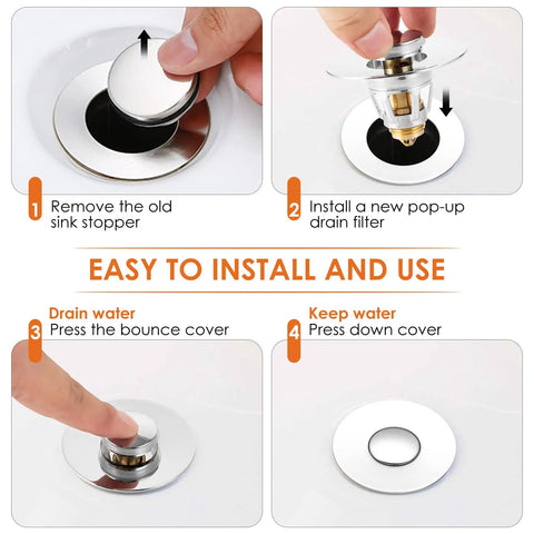 Installation steps for Universal Bathroom Sink Stopper And Drain Strainer No Fuss Pop Up Plug With Stainless Steel Hair Catcher