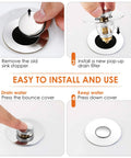 Illustration of installing Universal Bathroom Sink Stopper Pop Up Drain Strainer With Stainless Hair Catcher For 1.1 To 1.5 Inch Drains 2 Pack Silver Easy Install Prevents Hair Clogs Fits Most Basins And Washbasins