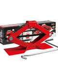 Heavy Duty Steel Scissor Lift Jack 1.5 Ton Car Kit in red, compact design, with lifting handle and packaging visible