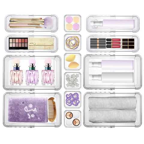 14 Piece Clear Drawer Organizer Set With 3 Adjustable Bin Sizes Acrylic Storage Bins For Makeup Cosmetics Kitchen Utensils And Gadgets Keeps Drawers Neat Easy To Find In Bedroom Office Or Kitchen