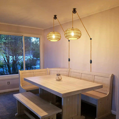 Dining area with Boho Pendant Light With Plug In Cord And LED Bulb Dimmer Switch, wicker rattan chandelier over table