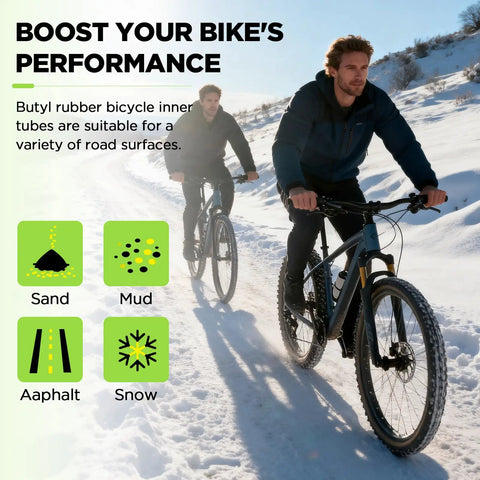 Two people riding bikes on snowy terrain, showcasing 2 Pack 26x1.75-2.125 AV48 Schrader Butyl Bike Tubes For MTB Cruiser City Road Bikes