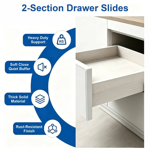 Two Third Extension Drawer Runners With Heavy Duty Soft Close Undermount Slides, steel tracks for cabinet drawer support