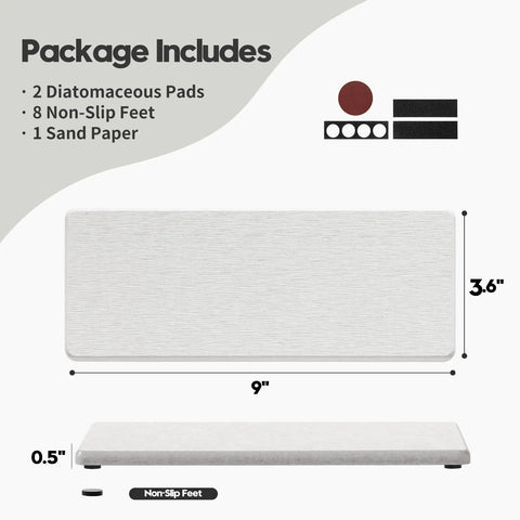 Two Pack Beige Diatomite Soap Dryers Rapid Absorbing Countertop Organizers 9 x 3.6 in with non-slip feet and sandpaper.
