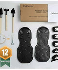 Pro Grade Aerator Shoes For Lawn Care With Adjustable Straps Steel Core Spikes And Anti Slip Traction To Reduce Thatch And Boost Grass Growth Universal Size For All Grass Types, showing full set including shoes, straps, and tools lay flat in packaging.