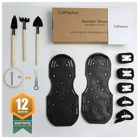 Pro Grade Aerator Shoes For Lawn Care With Adjustable Straps Steel Core Spikes And Anti Slip Traction To Reduce Thatch And Boost Grass Growth Universal Size For All Grass Types, showing full set including shoes, straps, and tools lay flat in packaging.