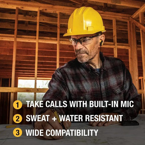 Worker wearing Heavy Duty USB C Earbuds For Jobsite With Microphone And Volume Control Rugged Corded Headphones in construction site