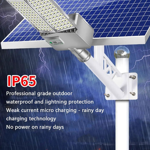 Built Like A Tank Solar Street Lights With Remote Control And IP65 Waterproof Design For Outdoor Yards Pathways And Driveways Featuring Dusk To Dawn LED Lighting That Truly Hits Different close-up of solar panel with light on a pole in rain.