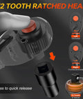 72 tooth ratchet head of upgraded 8 piece torque wrench set with 1/4 3/8 and 1/2 inch drives, indicating direction and quick release