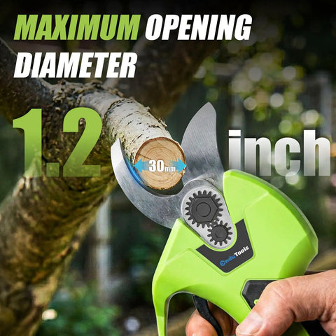 Cordless Electric Pruning Shears With Brushless Motor cutting 1.2-inch tree branch, SK5 blade visible, hand holding tool