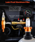 Universal Radiator Vacuum Refill Kit With Precision Gauge And Steel Tool Chest For Zero Hassle Cooling System Bleeding. Close-up of leak-proof aluminum filler and pressure gauge.
