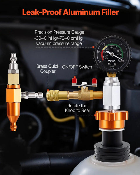 Universal Radiator Vacuum Refill Kit With Precision Gauge And Steel Tool Chest For Zero Hassle Cooling System Bleeding. Close-up of leak-proof aluminum filler and pressure gauge.