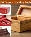 Open wooden jewelry box showing hinges at various angles, featuring an 8mm Hidden Brass Barrel Hinges Set For DIY Jewelry Boxes And Small Wooden Boxes.