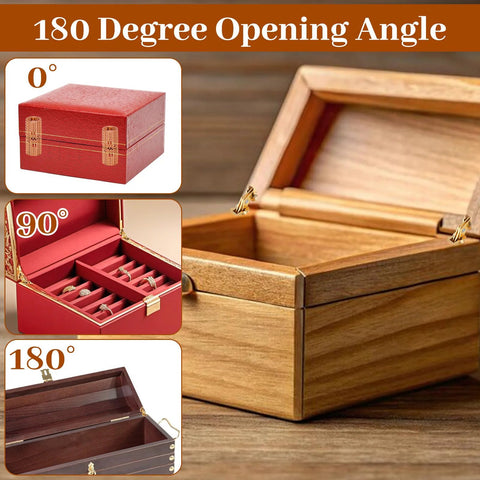 Open wooden jewelry box showing hinges at various angles, featuring an 8mm Hidden Brass Barrel Hinges Set For DIY Jewelry Boxes And Small Wooden Boxes.