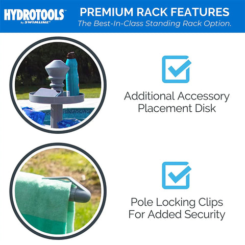 Premium Free Standing Poolside Towel Rack With Water Weighted Base showing accessory disk and secure clips