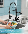RNDIOZD Kitchen Faucet with Pull Down Sprayer, 2-Spout, Matte Black in use filling a bowl with vegetables.
