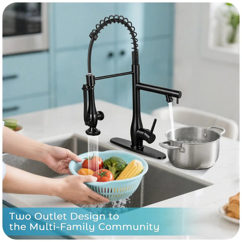 RNDIOZD Kitchen Faucet with Pull Down Sprayer, 2-Spout, Matte Black in use filling a bowl with vegetables.