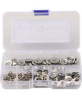 Internal Tooth Lock Washer Kit 200 Piece Set In 304 Stainless Steel, Heavy Duty Rust Resistant Washers, Five Size Assortment For Marine Auto And Outdoor Projects, Built Tough For Leak Proof Secure Connections. Clear box with assorted stainless lock washers