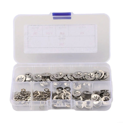 Internal Tooth Lock Washer Kit 200 Piece Set In 304 Stainless Steel, Heavy Duty Rust Resistant Washers, Five Size Assortment For Marine Auto And Outdoor Projects, Built Tough For Leak Proof Secure Connections. Clear box with assorted stainless lock washers