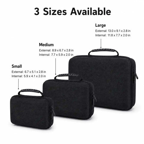 Big Time Electronics Organizer Case Featuring Hella Secure Pick And Pluck Foam Inside Plus A Beefy Semi Hard Eva Shell For Cables Adapters And Action Camera Gear Storage in three sizes.